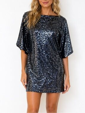 NV Couture Navy Blue Sequin Shift Dress Batwing Sleeve Cocktail Party Size 6 USA